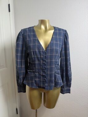 VICI Blue Plaid VNeck Button Up Top Blouse Size M